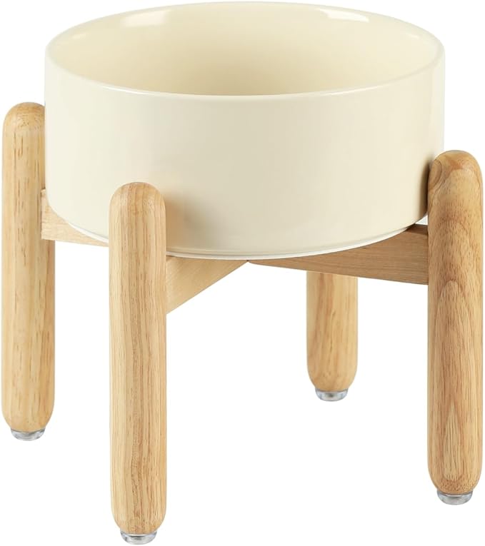 Ceramic 7.3inch Raised Dog Bowl Set, Elevated with Wooden Stand, Food and Water Bowl for Medium Breed Dogs, Weighted Dog Dishes, Pet Feeder(Light Yellow)