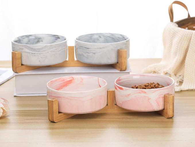 Marble Black Ceramic Cat Dog Bowl Dish with Wood Stand No Spill Pet Food Water Feeder Cats Small Dogs Set of 2