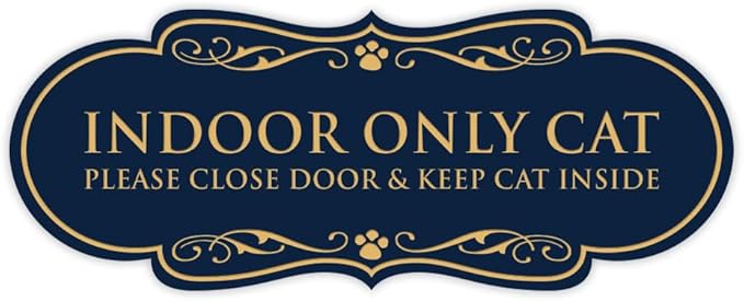 Designer Paws, INDOOR ONLY CAT Please Close Door & Keep Cat Inside (Navy Blue/Gold) - Medium