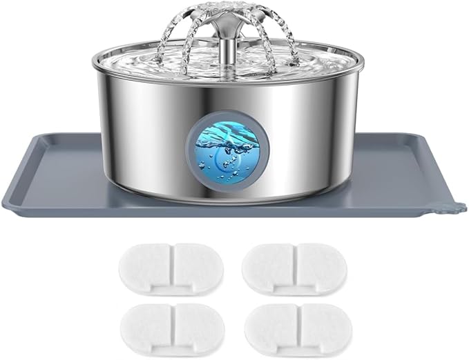 LucidShine 108oz/3.2L Stainless Steel Cat Water Fountain with 4 Replacement Filters(Up to 4-Month Supply, Ultra Quiet Automatic Pet Water Dispenser, Dishwasher Safe Metal Bowl for Cats & Dogs