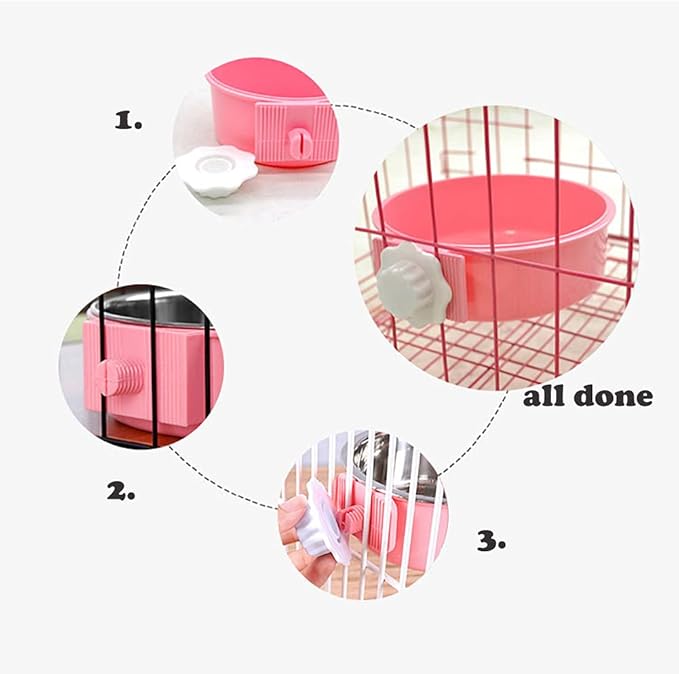 Love Dream Crate Dog Cat Bowls, Removable Stainless Steel Hanging Pet Cage Bowls for Kennel, Water Food Feeder Cage Coop Cup for Cats, Dogs, Rabbits and Small Animals (Large, Pink)