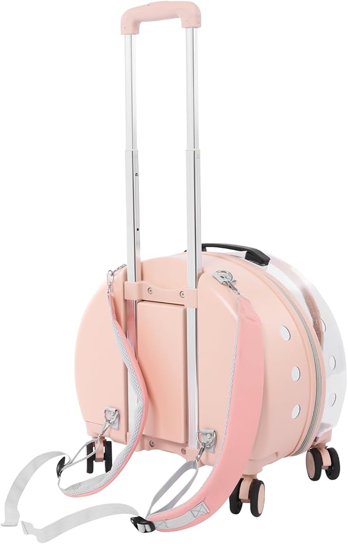 Cat Carrier with Rolling Wheels, Breathable Pet Carrier with Adjustable Handle and Shoulder Strap, Portable Traveling Clear Carriers for Cats, Dogs, Or Bunnies up to 19.84lbs (Light Pink)
