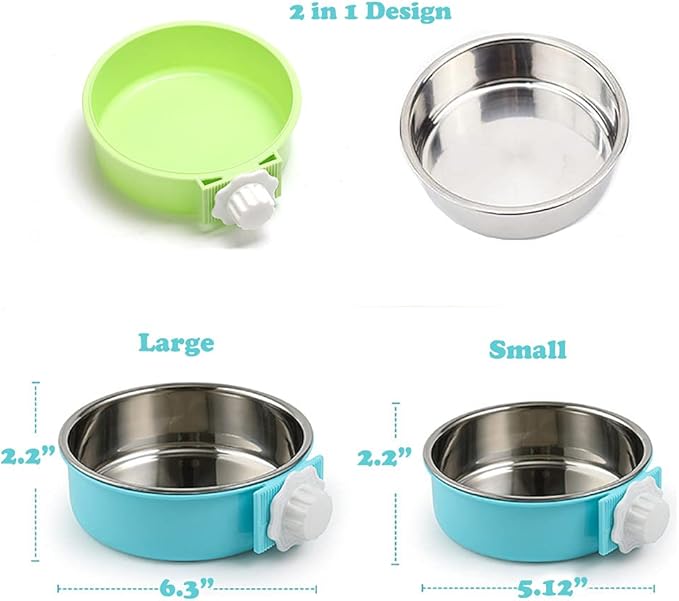 Love Dream Crate Dog Cat Bowls, Removable Stainless Steel Hanging Pet Cage Bowls for Kennel, Water Food Feeder Cage Coop Cup for Cats, Dogs, Rabbits and Small Animals (Large, Green)