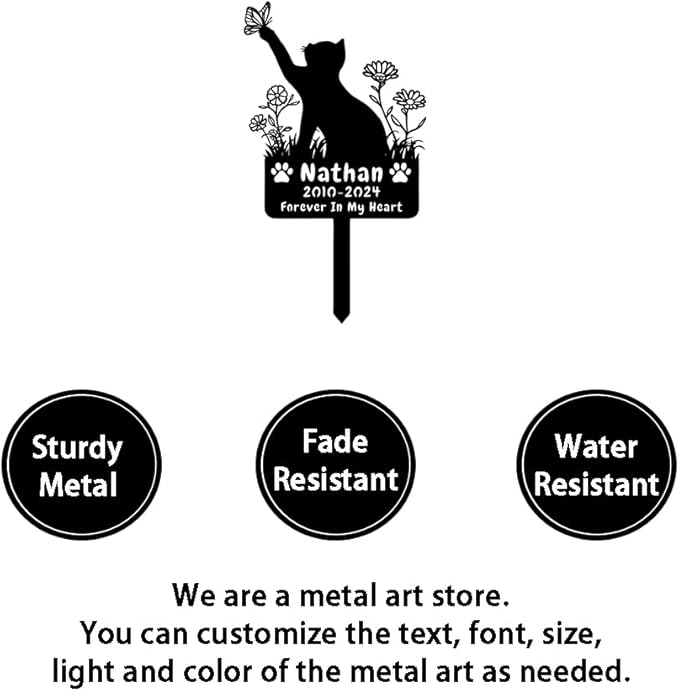 Custom Butterfly Cat Grave Marker Outdoor Metal Memerial Stake, Personalized Cat Memorial Grave Marker with Paws, Customized Flowers Cat Memorial Statue Plaque Garden Stake Cat Headstone