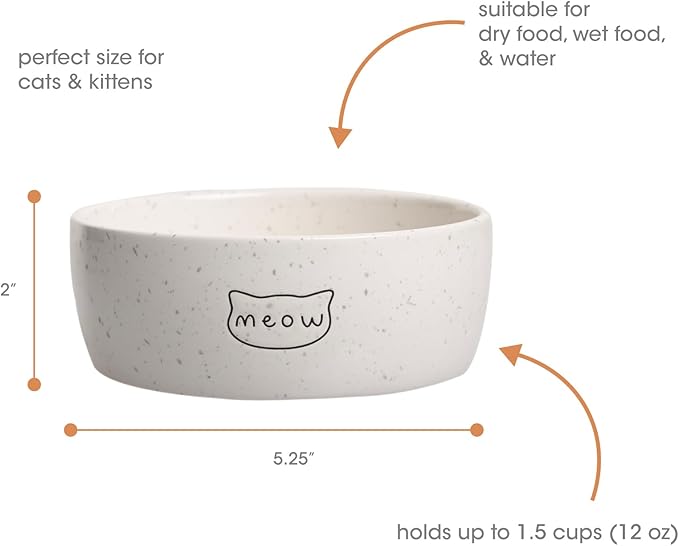 Pearhead Ceramic Meow Cat Bowl, Holds 12 oz, Whisker-Friendly Pet Dish for Food and Water, Modern Speckled White