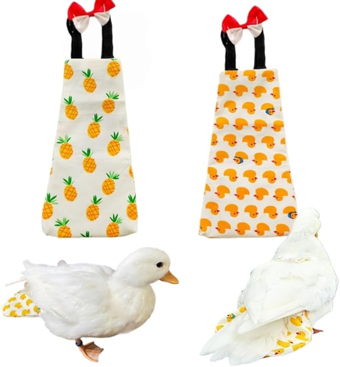 2 Pack Chicken Diapers for Hens, Roosters, Diapers for Ducks, Ducklings, Reusable Pet Diaper with Bow Ties Waterproof Poultry Nappies for Geese Pet Ducks,Pineapple&Yellow Duck,S