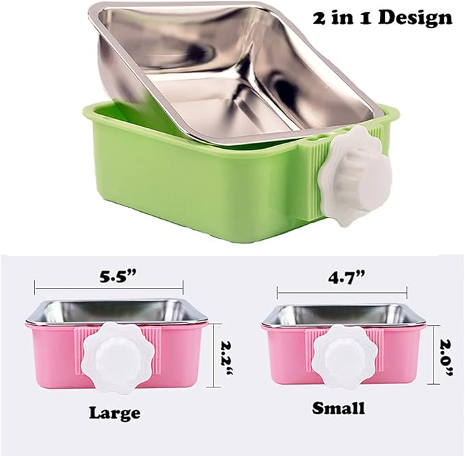 Love Dream Crate Dog Cat Bowls, Hanging Pet Cage Food Water Feeder with Removable Stainless Steel Bowls and Bolt Holder for Puppy Cat Rabbit Birds (Large, Green)