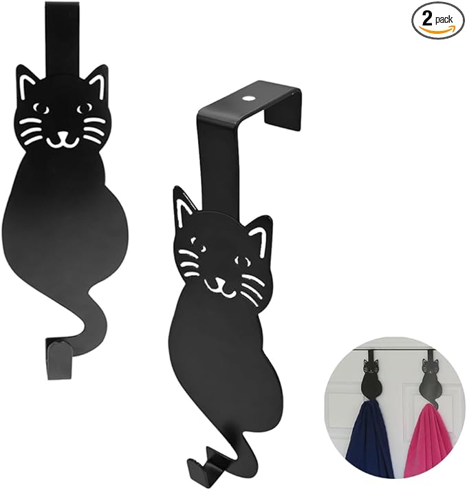 Evelots Over The Door Cat Hooks - 2 Pack - Strong Metal Kitty Decoration - Perfect for Coats, Handbags, Hats, Towels, Wreath Hanger Etc. - Hold up to 20 Pounds - Easy to Install - Rust Free