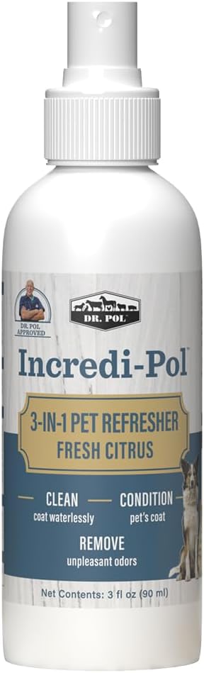 Dr. Pol Incredi-Pol 3-in-1 Pet Refresher | Waterless Coat Cleaner & Conditioner | Pet Odor Eliminator | Fine Mist Spray for Dogs & Cats | Freshens, Cleans & Softens Fur | 3 oz | Fresh Citrus