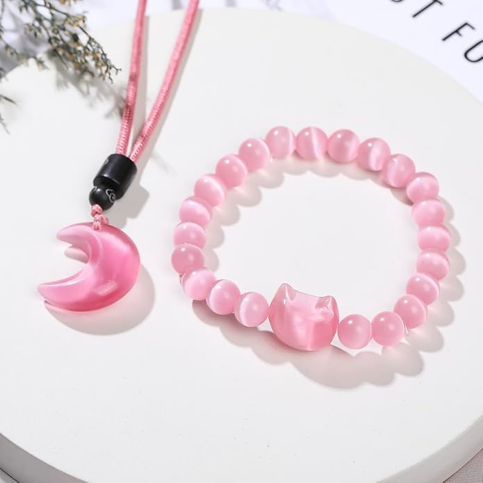 Black Obsidian Cat Bracelet and Moon Pendant Necklace Jewelry Set-Cat Lover Gifts,Wealth Attraction,Good Luck,Bead Bracelet,Mindfulness,Beaded Bracelets, Obsidian Pendant Necklace-Cute Gifts for Women