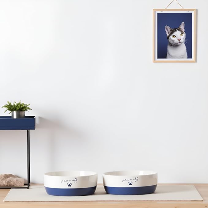 Pearhead Ceramic Paws Off Cat Bowl, Holds 1.3 Cups, Navy Blue and White Stoneware Dish, Non-Skid Feeding Bowl, Microwave and Dishwasher Safe, Small (Pack of 2)