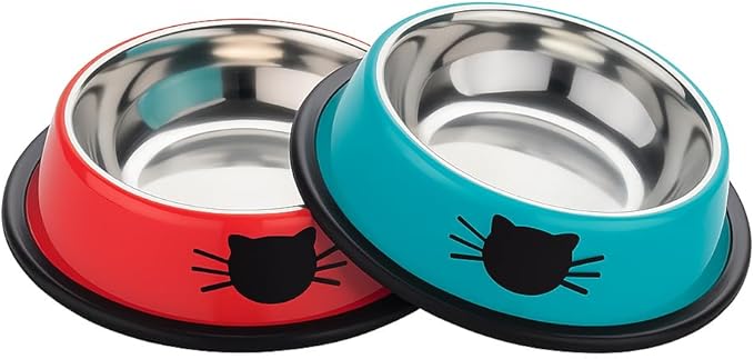 2 Pack Printed Stainless Steel Cat Bowls – 8.1 fl oz Anti-Skid Food & Water Cat Feeding Bowls|Cat Dish for Food and Water Bowl|Cat Feeding Bowl for Kitten (Blue & Red)