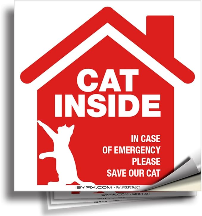 iSYFIX Cat Inside Alert Signs Stickers - 4 Pack 5x5 Inch - Premium Self-Adhesive Vinyl, Laminated for Ultimate UV, Weather, Scratch, Water and Fade Resistance, Indoor and Outdoor Red