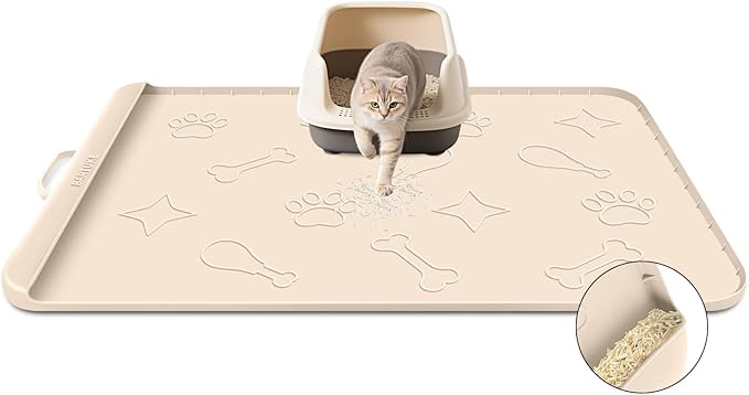 Silicone Cat Litter Mat with Collection Pocket, 42" x 28" Large Cat Litter Box Mat Waterproof Anti-Slip Litter Trapping Mat with Edge and Handle Pet Placemat for Floors (Beige)