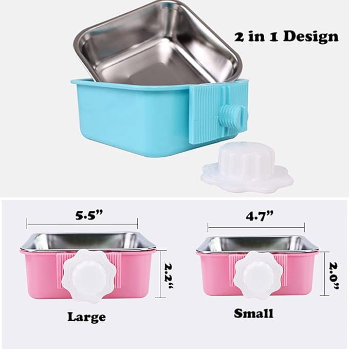 Love Dream Crate Dog Cat Bowls, Hanging Pet Cage Food Water Feeder with Removable Stainless Steel Bowls and Bolt Holder for Puppy Cat Rabbit Birds (Small, Blue)