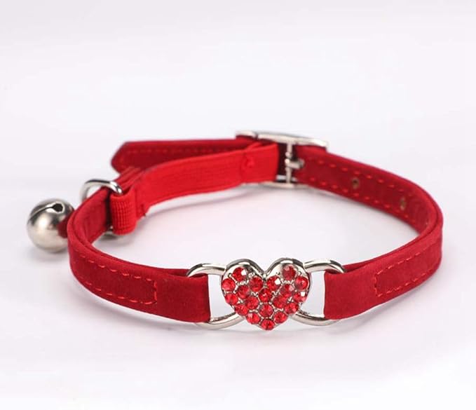 Puppy Collar with Bell, Bling Diamond Heart Soft Velvet Cat Collars with Bells for Xs Tiny Dogs Girls Pet Kitten Red