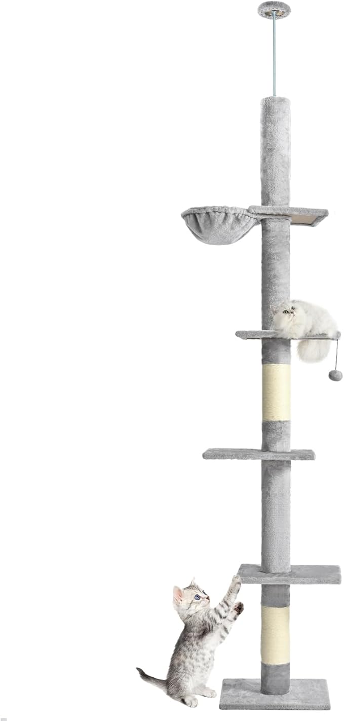 Floor to Ceiling Cat Tree,5 Tiers Tall Cat Tower with Adjustable Height(98-110),Cat Tree Floor to Ceiling with Cozy Hammock,Sisal Scratching Posts,Platforms,and Hanging Balls for Large Cats