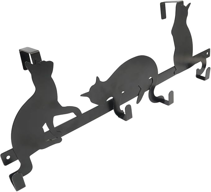 Evelots Over The Door 4 Hook Towel/Coat Rack Hanger Organizer, Kitty Cat Design-Easy No Tool Installation-Black Iron-Holds 20 lbs.