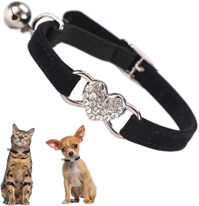 Black Cat Collar With Bell, Bling Kitten Collar Rhinestone Heart Soft Velvet Female Puppy Collars With Bells For XXS XS Tiny Litte Dogs Pet Girls