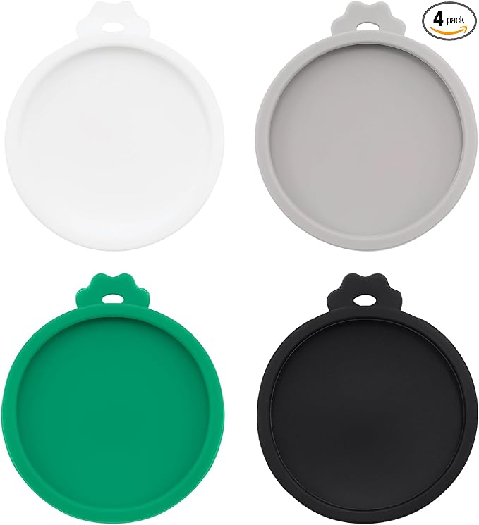 PINE & LINEN 4 Pcs 2.5inch Durable Pet Can Lids,Silicone Small Pet Can Covers Waterproof Cat Food Cans Lids for 3 oz Cat Food Cans(White+Gray+Dark Green+Black)