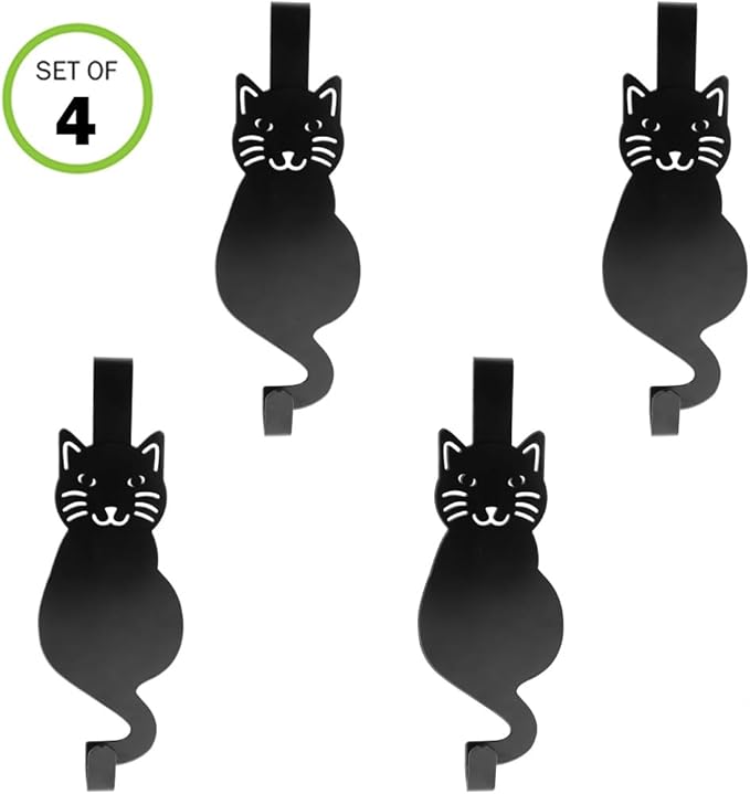 Evelots Over The Door Cat Hooks - 4 Pack - Strong Metal Kitty Decoration - Perfect for Coats, Handbags, Hats, Towels, Wreath Hanger Etc. - Hold up to 20 Pounds - Easy to Install - Rust Free