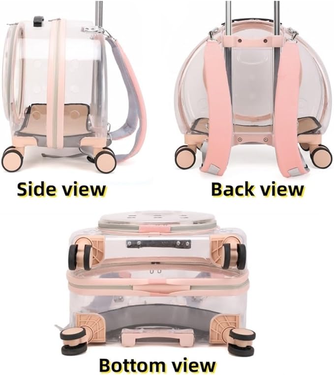 Rolling Cat Carrier, PC Materials Hard Shell Cat Carrier, Pet Carrying Case with Clear Window, Pet Carrier with Pull Rod(Dark Pink)