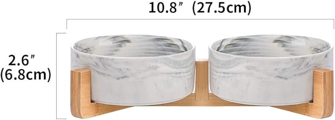 Marble Black Ceramic Cat Dog Bowl Dish with Wood Stand No Spill Pet Food Water Feeder Cats Small Dogs Set of 2