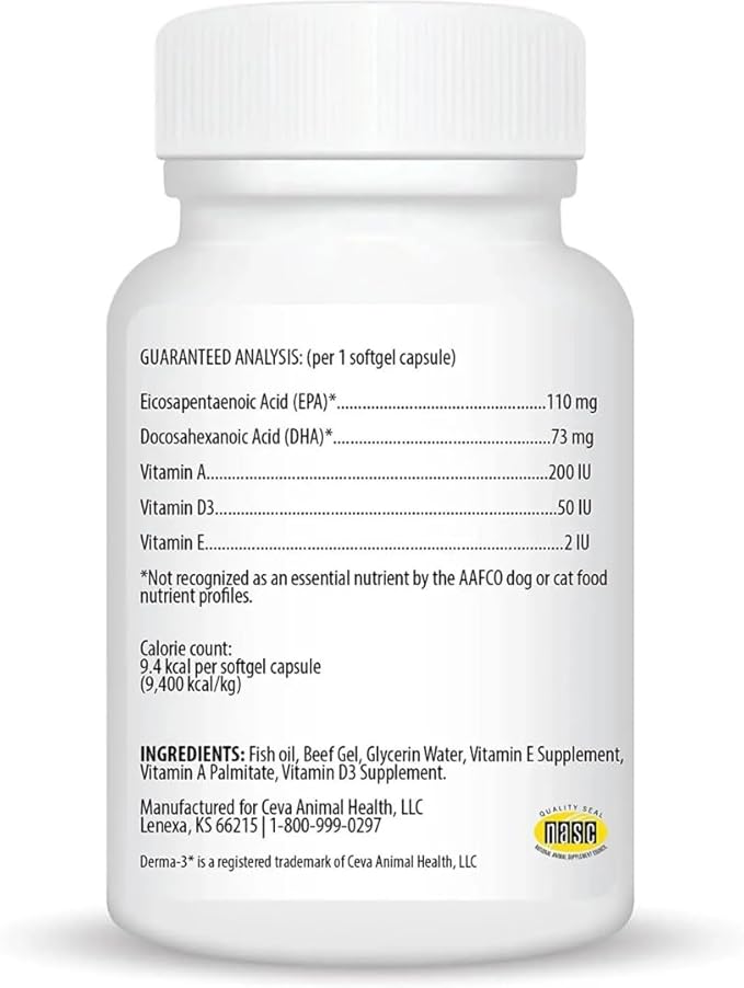 Ceva Derma-3 Softgels, Omega-3 Fatty Acid & Vitamin Supplement for Small Dogs + Cats (60 Count)