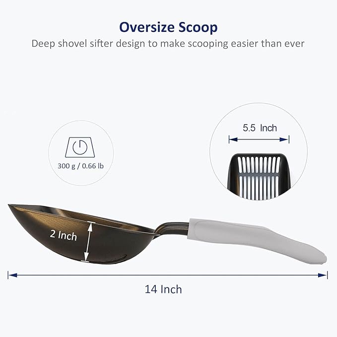 WePet Cat Litter Scoop, Non-Stick Plated Aluminum Alloy Sifter, Kitty Durable Metal Scooper, Deep Shovel, Long Handle, Kitten Pooper Lifter, Size Large, Coated Black Body with Grey Handle
