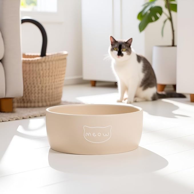Pearhead Ceramic Cat Bowl – Neutral Taupe “Meow” Design, Holds 1.3 Cups, Stoneware Pet Dish, Whisker-Friendly Pet Feeding Bowl, Non-Skid, Small (Pack of 2)