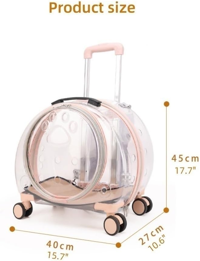 Rolling Cat Carrier, PC Materials Hard Shell Cat Carrier, Pet Carrying Case with Clear Window, Pet Carrier with Pull Rod(Light Pink)
