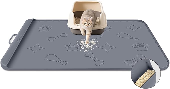 Silicone Cat Litter Mat with Collection Pocket, 42" x 28" Large Cat Litter Box Mat Waterproof Anti-Slip Litter Trapping Mat with Edge and Handle Pet Placemat for Floors (Dark Grey)