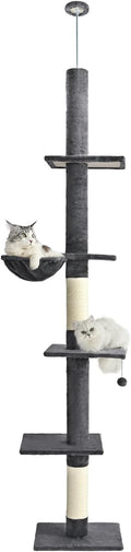 Floor to Ceiling Cat Tree,5 Tiers Tall Cat Tower with Adjustable Height(98-110),Cat Tree Floor to Ceiling with Cozy Hammock,Sisal Scratching Posts,Platforms,and Hanging Balls for Large Cats