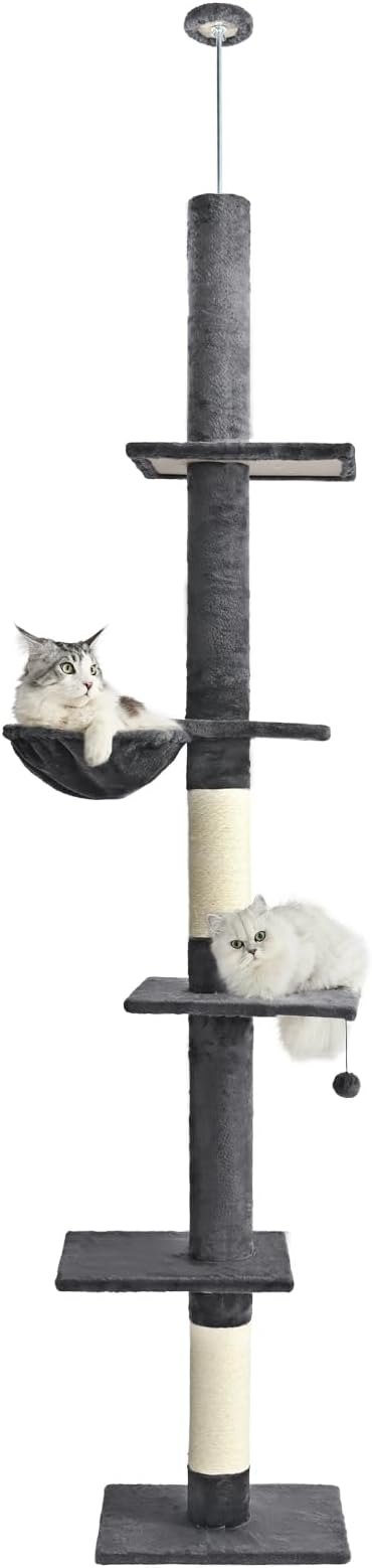 Floor to Ceiling Cat Tree,5 Tiers Tall Cat Tower with Adjustable Height(98-110),Cat Tree Floor to Ceiling with Cozy Hammock,Sisal Scratching Posts,Platforms,and Hanging Balls for Large Cats