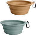 PetBonus 2-Pack Silicone Collapsible Dog Bowls, BPA Free Dishwasher Safe, Portable Foldable Expandable Travel Bowl, Food Water Feeding Cup Dish for Dogs Cats with 2 Carabiners (Turquoise, Tan)