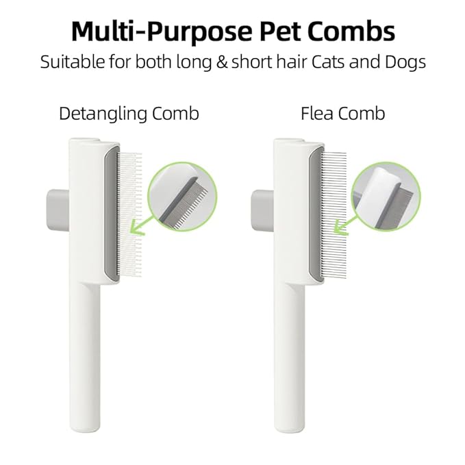 Marchul 2Pcs Pet Comb Flea Comb Set for Cats Dogs, Cat Grooming Brush with Release Button and Stainless Steel Round Teeth, Self-Cleaning Dog Combs for Removing Pet Hair, Knots & Loose Fur, White