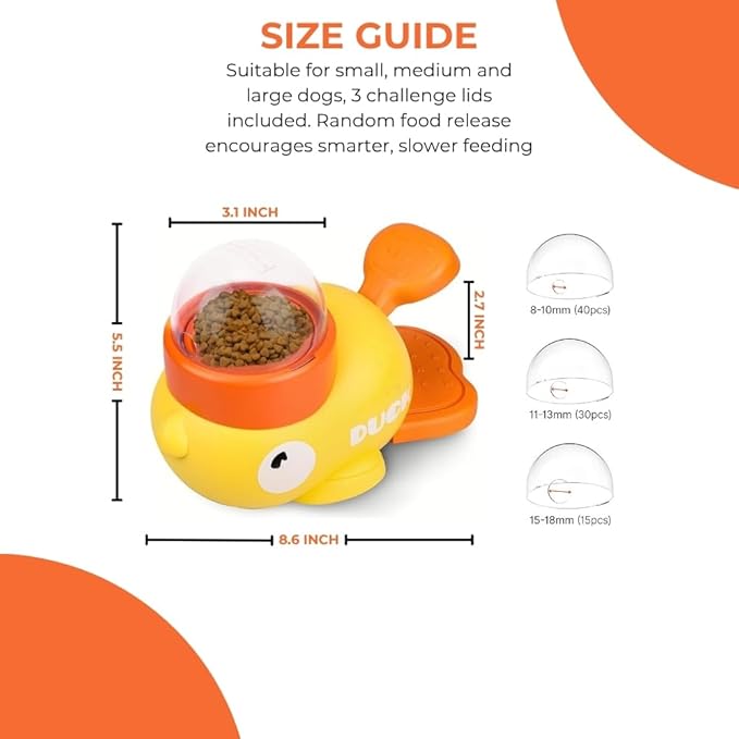 Duck Dog Treat Dispenser Toy - Anti-Slip Interactive Slow Puzzle Feeder for Dogs & Cats - 3 Challenge Lids for IQ Training, Mental Enrichment for Small, Medium & Large Dogs