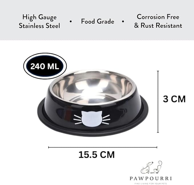 4 Pack Printed Stainless Steel Cat Bowls – 8.1 fl oz Anti-Skid Food & Water Cat Feeding Bowls|Cat Dish for Food and Water Bowl|Cat Feeding Bowl for Kitten (Grey, Red, Orange & Blue)