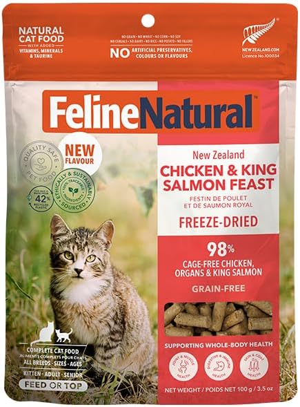 Feline Natural Freeze Dried Cat Food - Grain-Free and High Protein Cat Food from New Zealand, Complete Meal or Topper for Kittens, Adults, and Senior Cats, Chicken and King Salmon, 100g