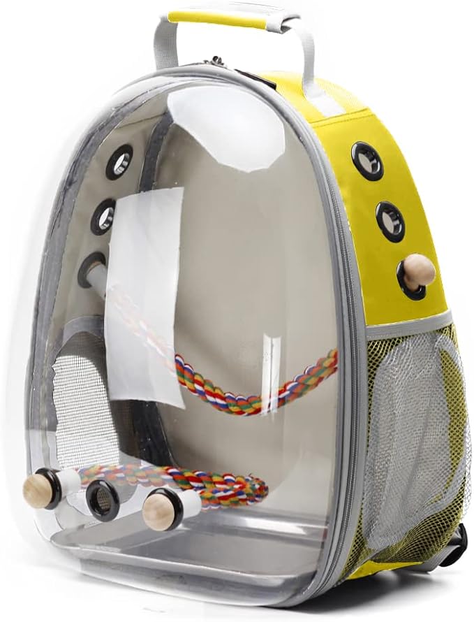 Bird Traval Carrier Cage, Clear Space Capsule Astronaut Backpack to Carry Parakeet Cockatiel Parrot with Metal Tray Wood Perch Bird Feeder, Vet Transport School Bag