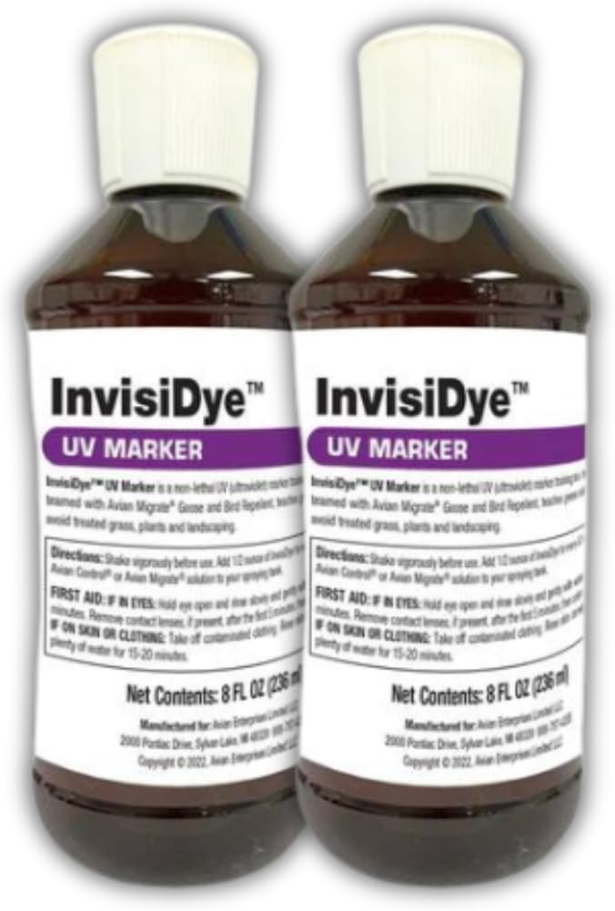 Goose Repellent UV Marker, Goose and Bird Detterent for Avian Migrate, Improves The Longevity of The Avian Migrate, Trains Geese and Birds to Avoid Areas, Invisidye (Two 8 oz Bottles)