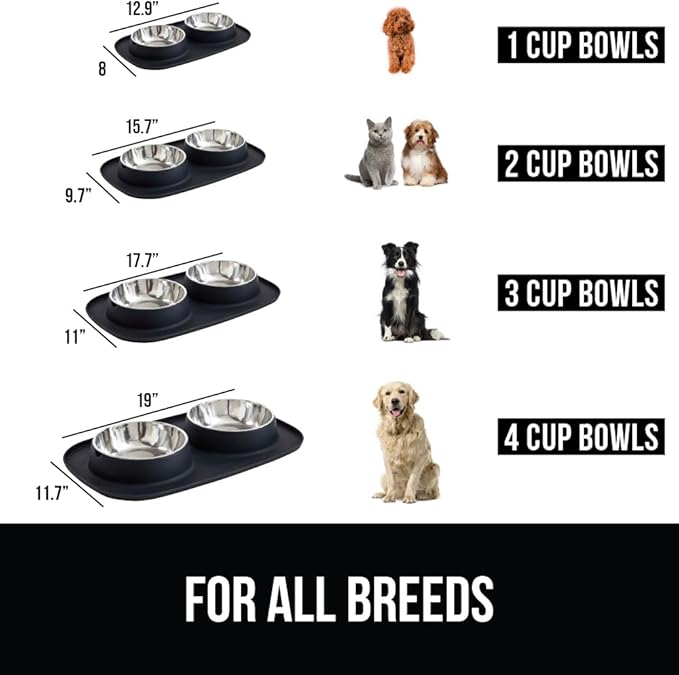 GORILLA GRIP Feeding Mat Set, 3 Cup, Patent Pending 100% Waterproof BPA Free Silicone, Stainless Steel Cat and Dog Bowls, Slip Resistant, High Edges Catch Water Food, US Designed Pet Accessories Black