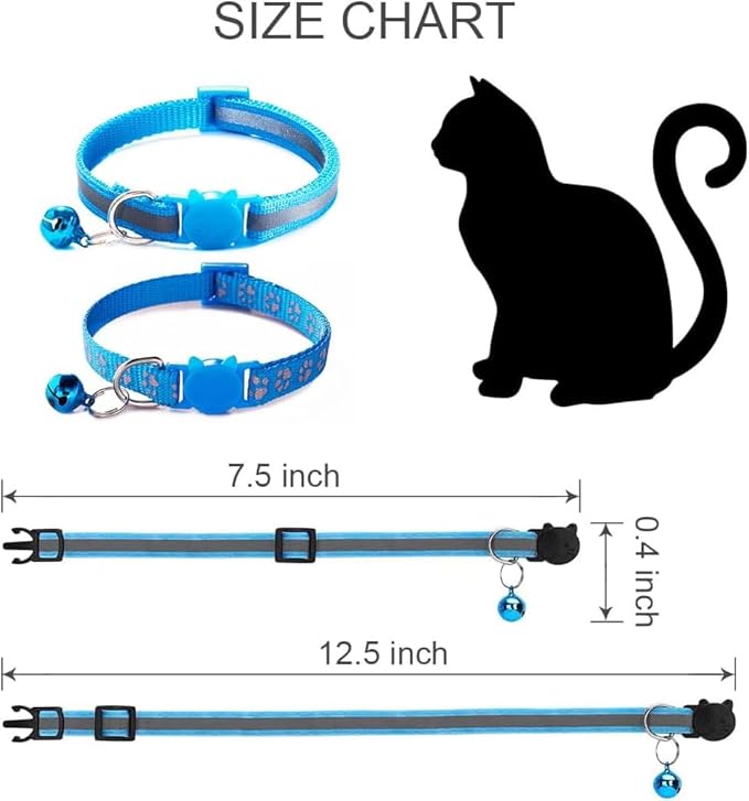 2 Pack Kitten Collars, Breakaway Reflective Cat Collar with Bells Safety Buckle Adjustable for Girl and Boy Pets, Blue