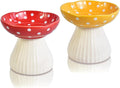 Elevated Mushroom Cat Bowls Ceramic 2 Pack, Raised Cat Bowl for Indoor Cats, Cute Whisker Fatigue Cat Bowl, Raised Dog Bowl Stand for Food and Water, Red+Yellow 6" Wide for Adult Cats