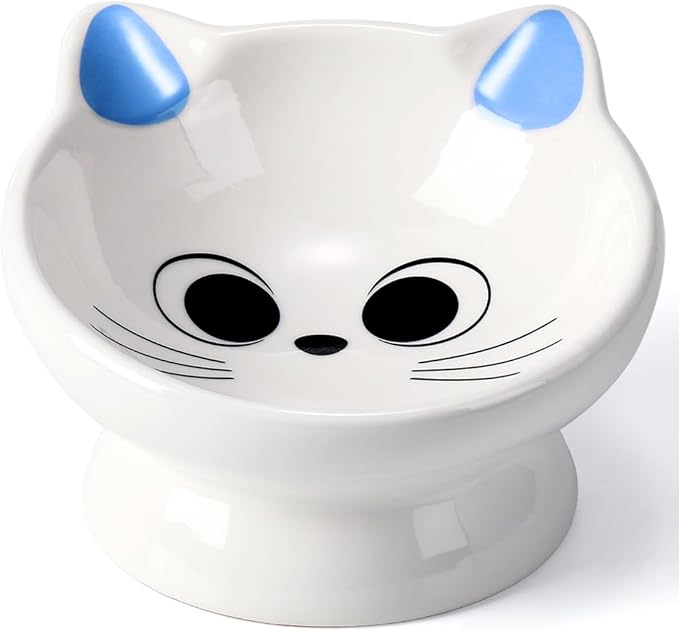 Raised Cat Food Bowl Ceramic 15° Tilted Cat Food Bowls Protect Cat's Spine Anti Vomiting Backflow Prevention Bowls for Adult Cats, Kitten, and Small Dogs, Blue