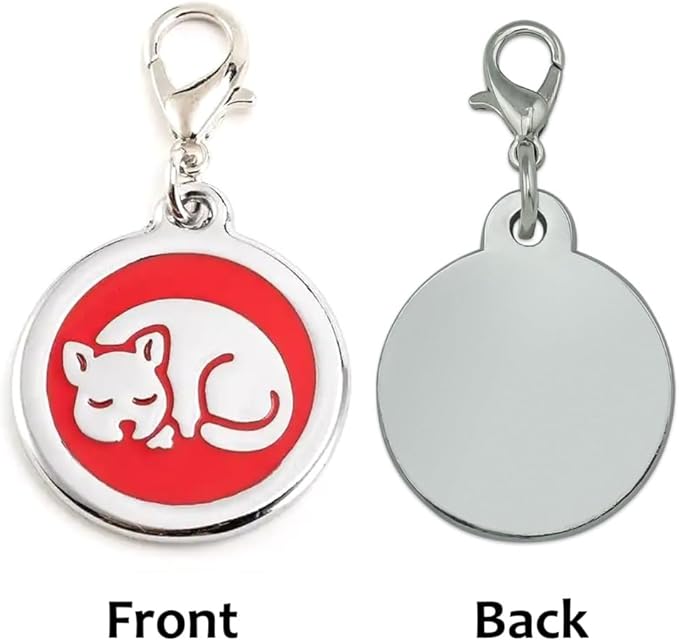 Personalized Pet ID Tags with Lobster Claw Clasp for Kittens and Cats - Small pet Tags for Collars, cat Name Tags, Custom cat id tag (Sleeping-Round-Small: Red)