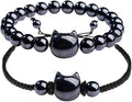 Black Obsidian Cat Bracelet and Moon Pendant Necklace Jewelry Set-Cat Lover Gifts,Wealth Attraction,Good Luck,Bead Bracelet,Mindfulness,Beaded Bracelets, Obsidian Pendant Necklace-Cute Gifts for Women
