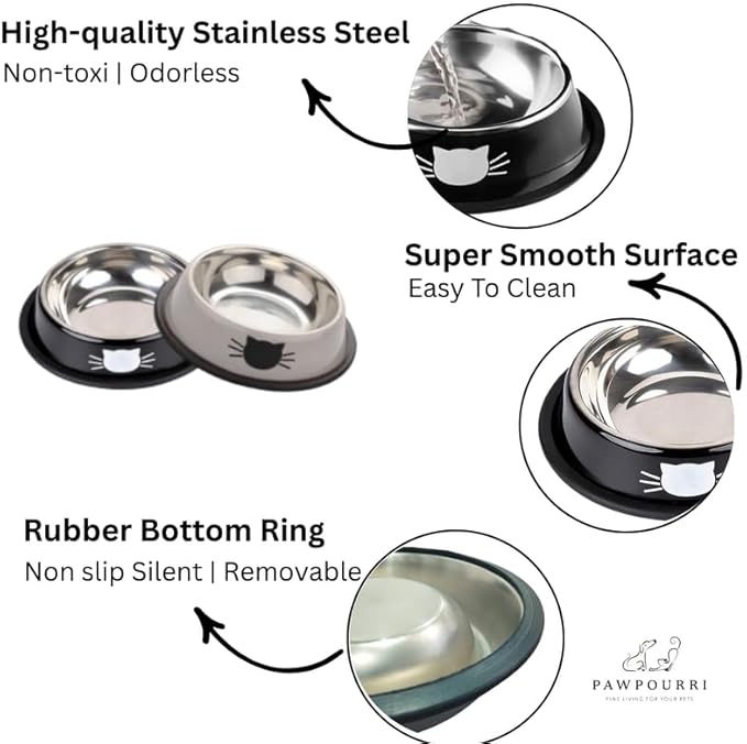 3 Pack Printed Stainless Steel Cat Bowls – 8.1 fl oz Anti-Skid Food & Water Cat Feeding Bowls|Cat Dish for Food and Water Bowl|Cat Feeding Bowl for Kitten (Grey, Black & Orange)