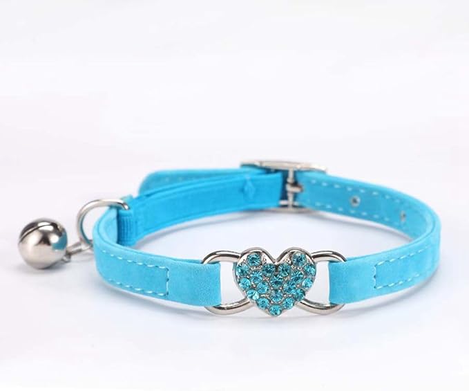 Small Dog Collars with Bell, Bling Rhinestone Heart Soft Velvet Cat Collars with Bells for Xs Tiny Dogs Girls Pet Kitten, Blue