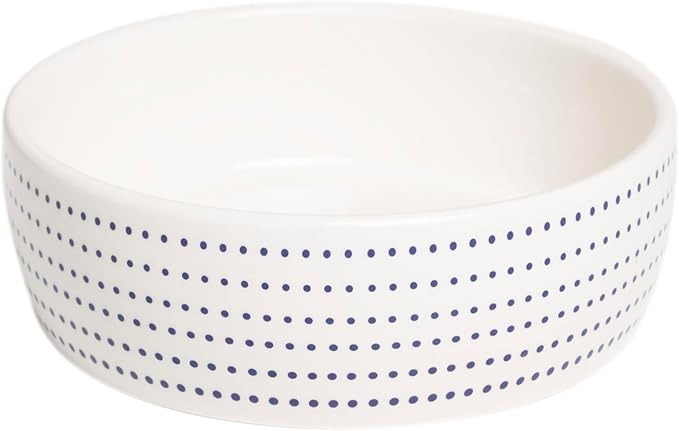 Pearhead Ceramic Cat Bowl for Food and Water, Whisker Fatigue Shallow Wide Cat Food Bowl, Heavyweight Non Slip Non Tip Pet Dish, Modern White Cat Bowl with Blue Dot Design